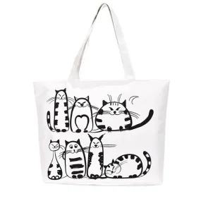 Women Canvas casual Handbag cartoon Cat Printed Shoulder bag Female Large Capacity Women Canvas Tote Shopping Handbags